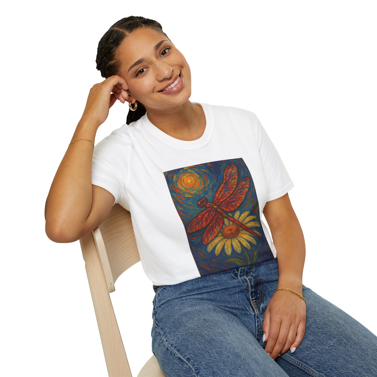 Van Gogh's Dragonfly sitting on a daisy softstyle T-Shirt 100% cotton
